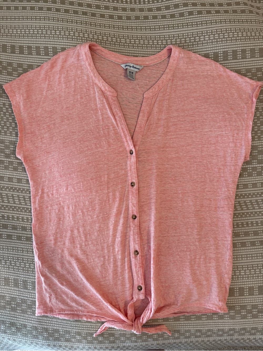 Tommy Bahama Coral Pink Button-Front Tie Hem Women's Top